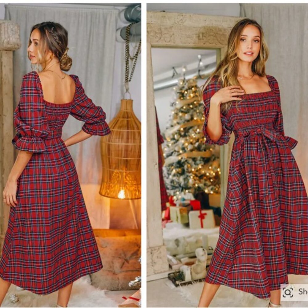Abigail Belted Tartan Plaid Maxi Dress